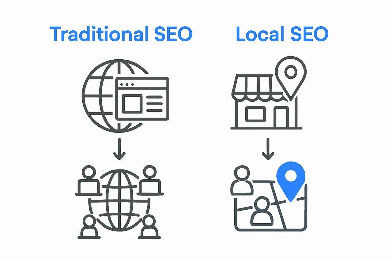 Infographic shows side-by-side icons comparing global vs local SEO focus