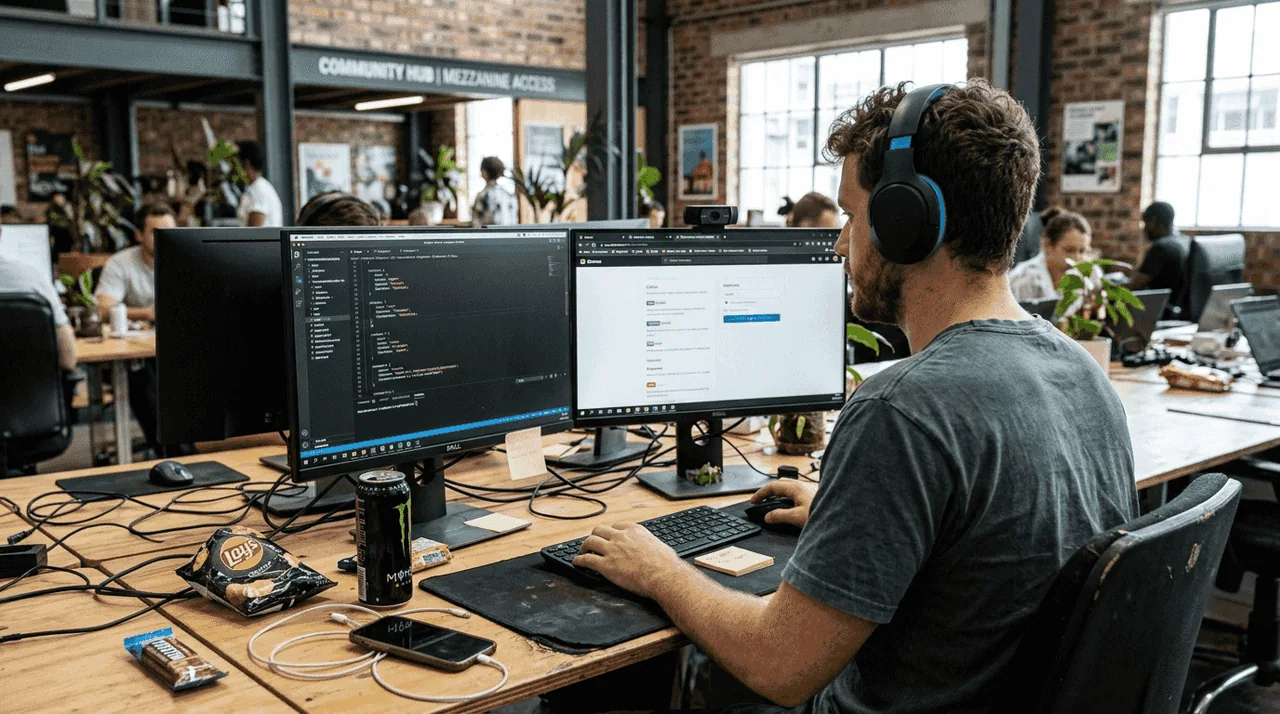 Developer comparing web platforms at coworking desk
