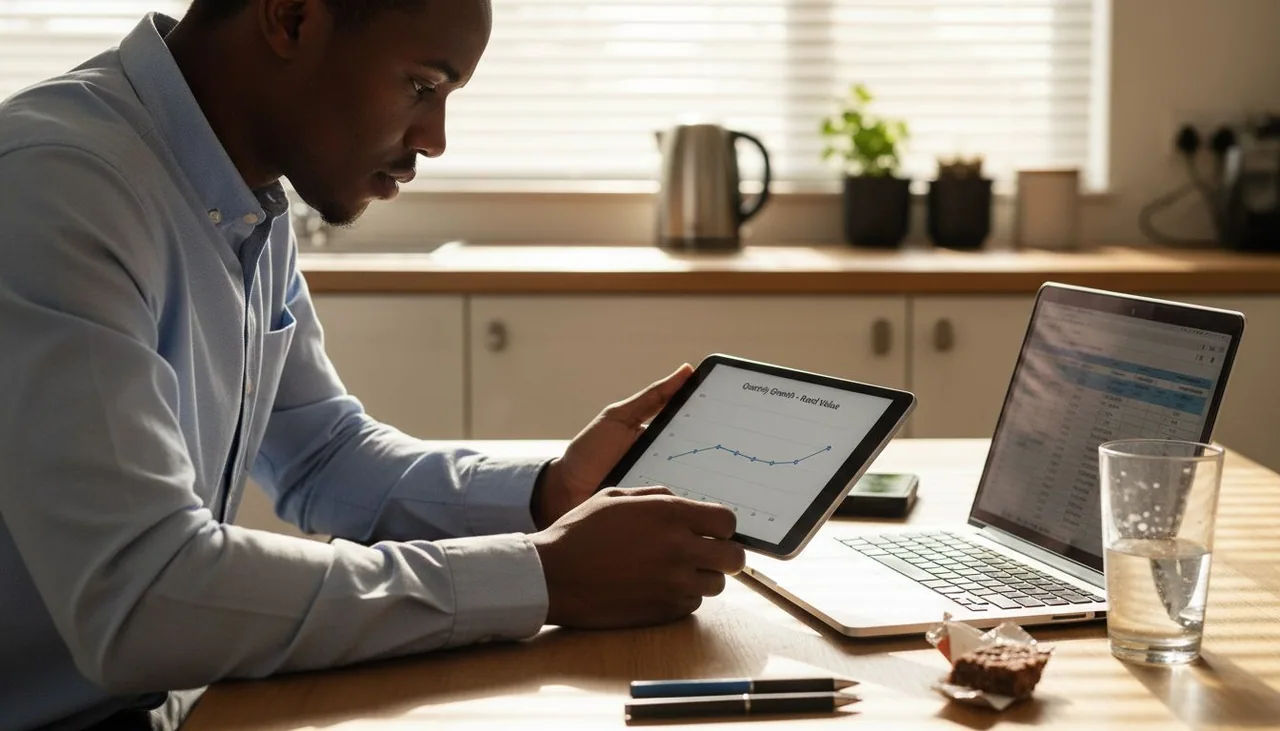 Home workspace reviewing tracking tools and metrics
