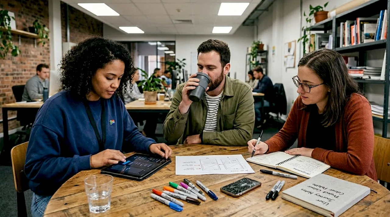 Web design team reviews digital mockups together