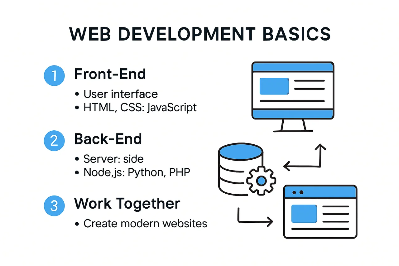 Infographic illustrating web development basics and technology roles.