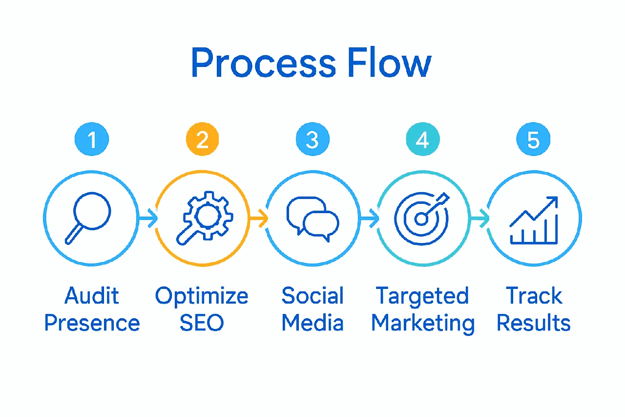 Infographic showing five steps to improve online visibility: audit, optimize, social media, targeted marketing, track results.