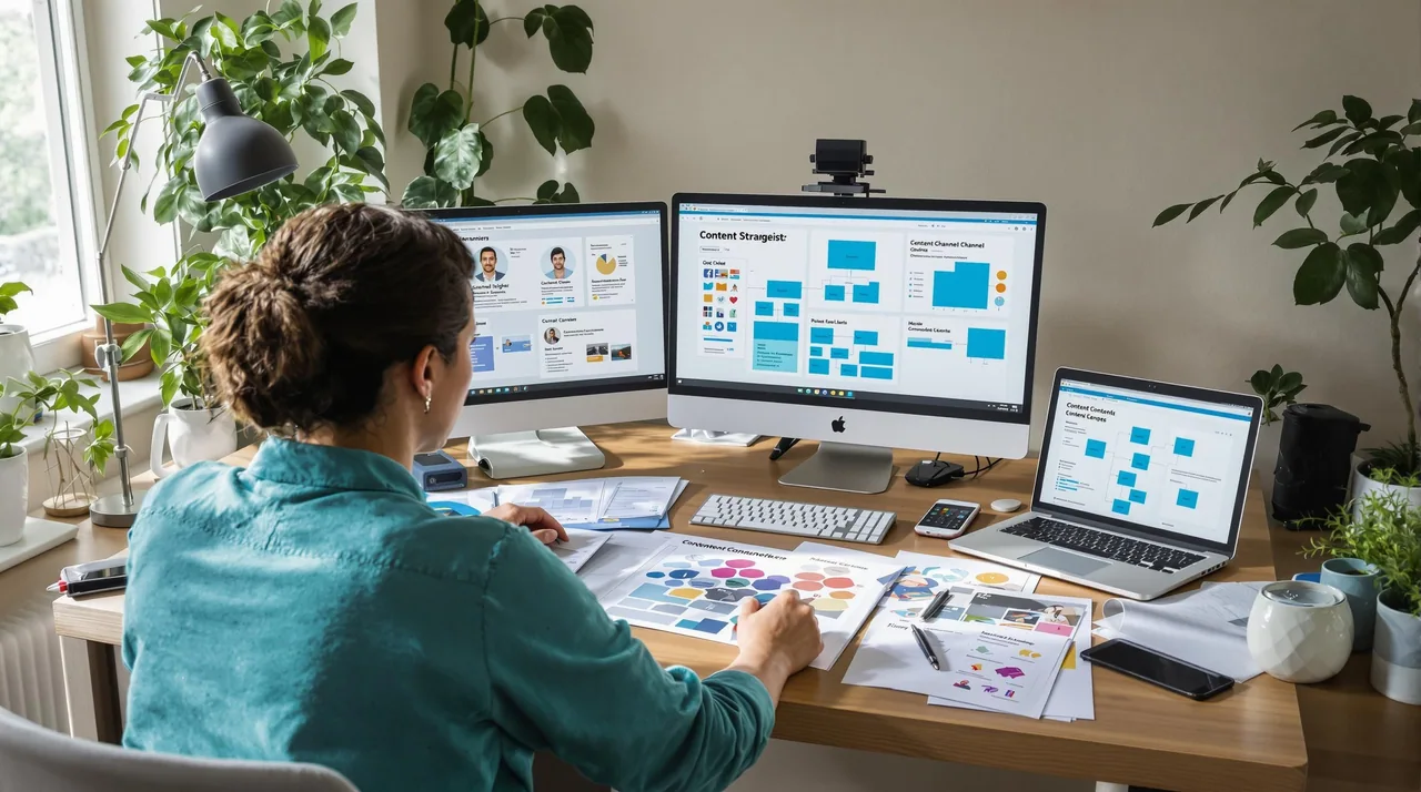 Strategist developing cross-channel content plan at desk