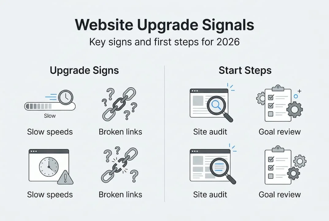 Infographic showing website upgrade signs and steps