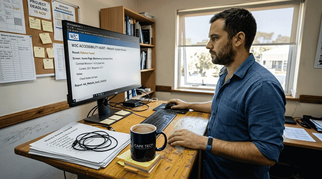Technician monitoring website accessibility updates