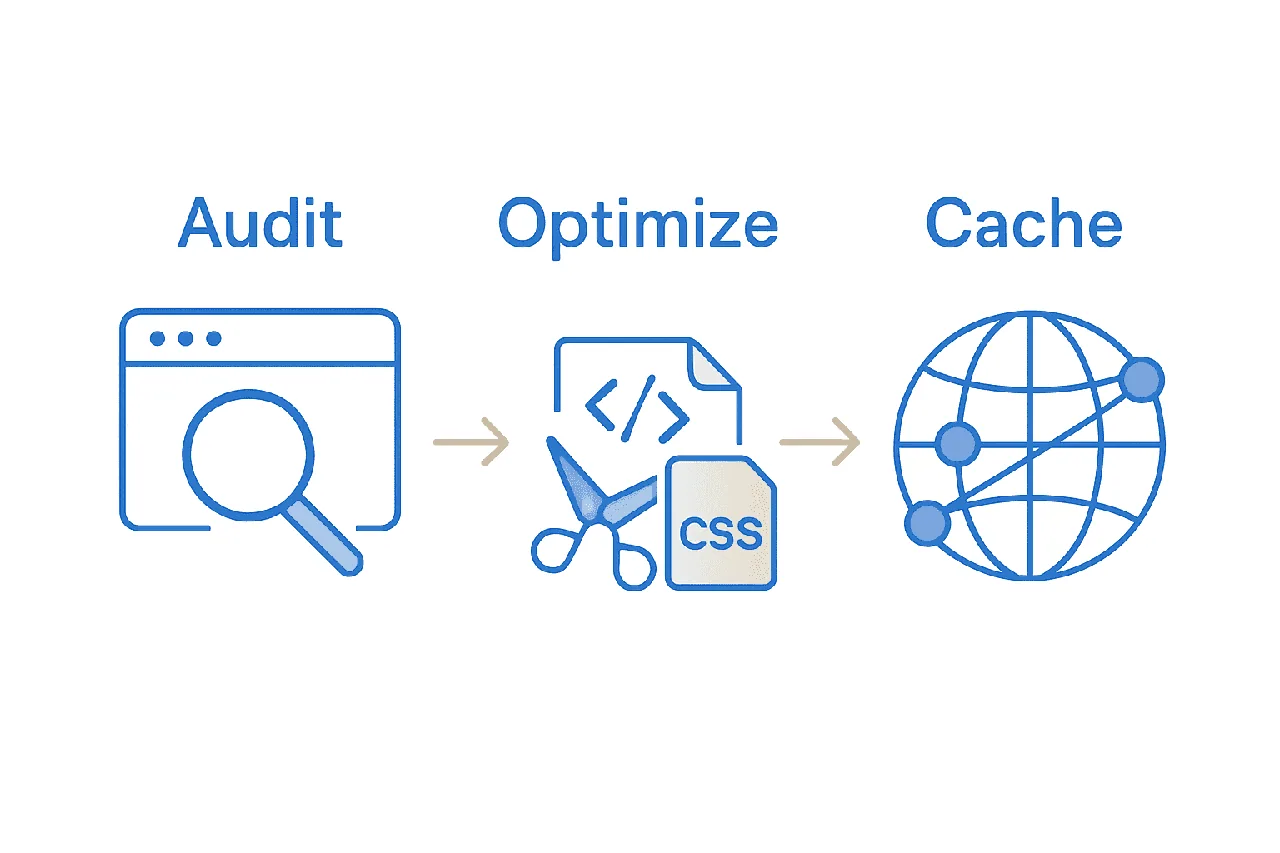 Infographic showing audit, optimization, and caching steps for websites.