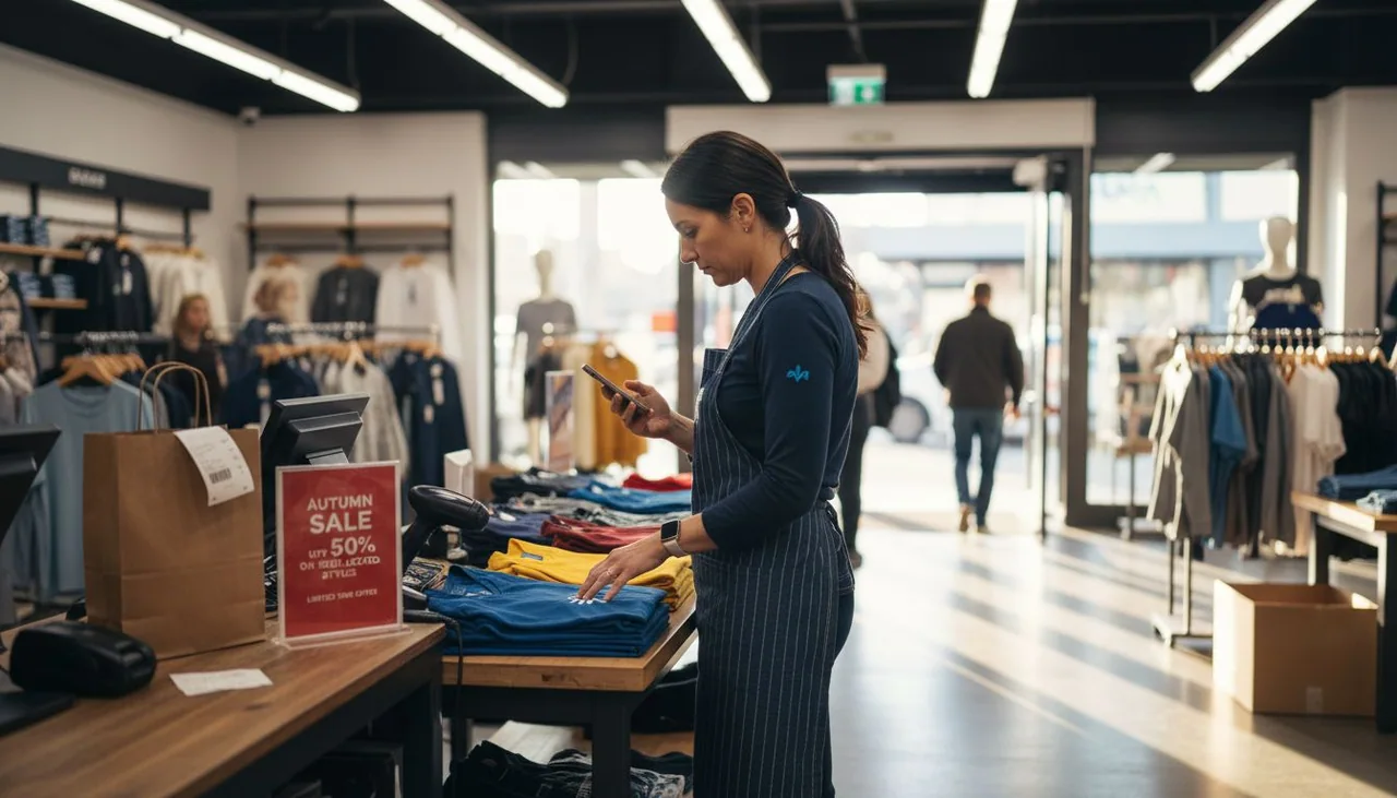 Retail manager using phone near counter