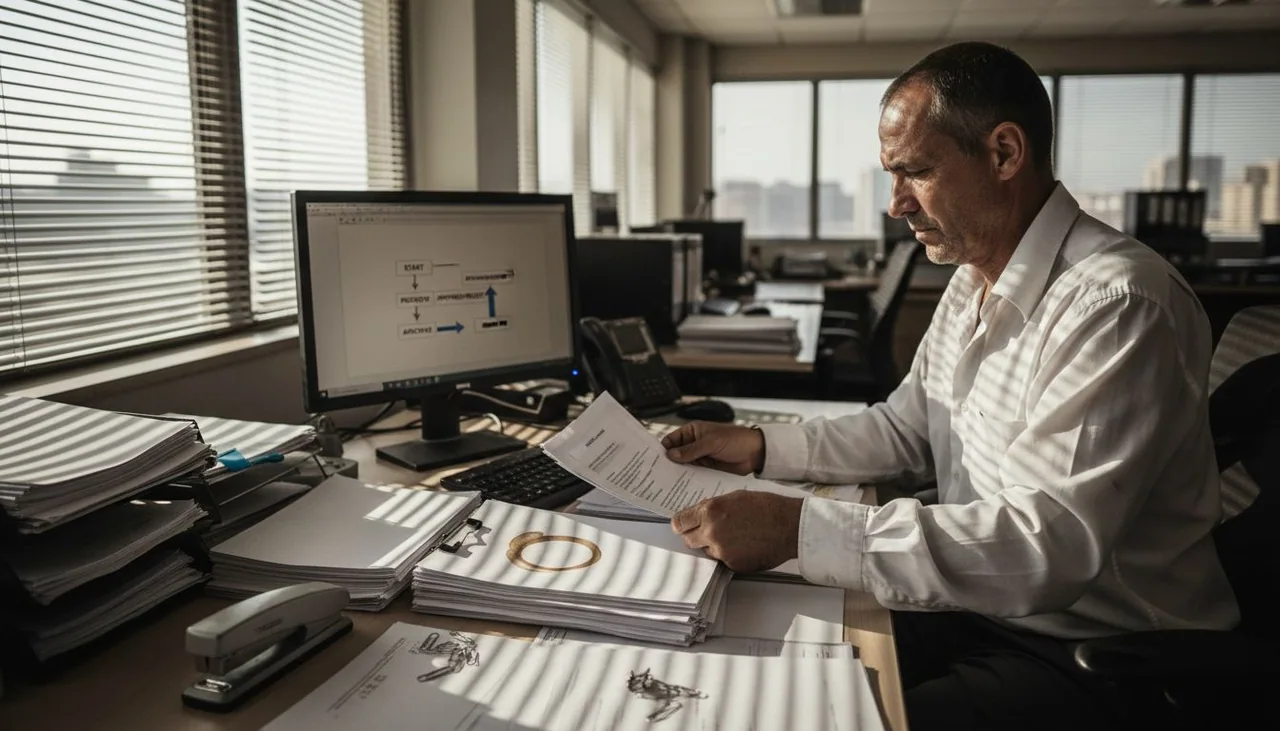 Manager organizing paperwork for workflow automation