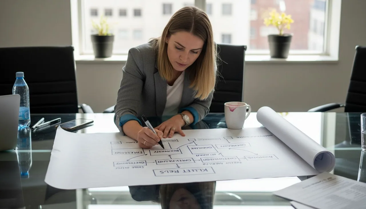 Woman mapping customer journey process on table