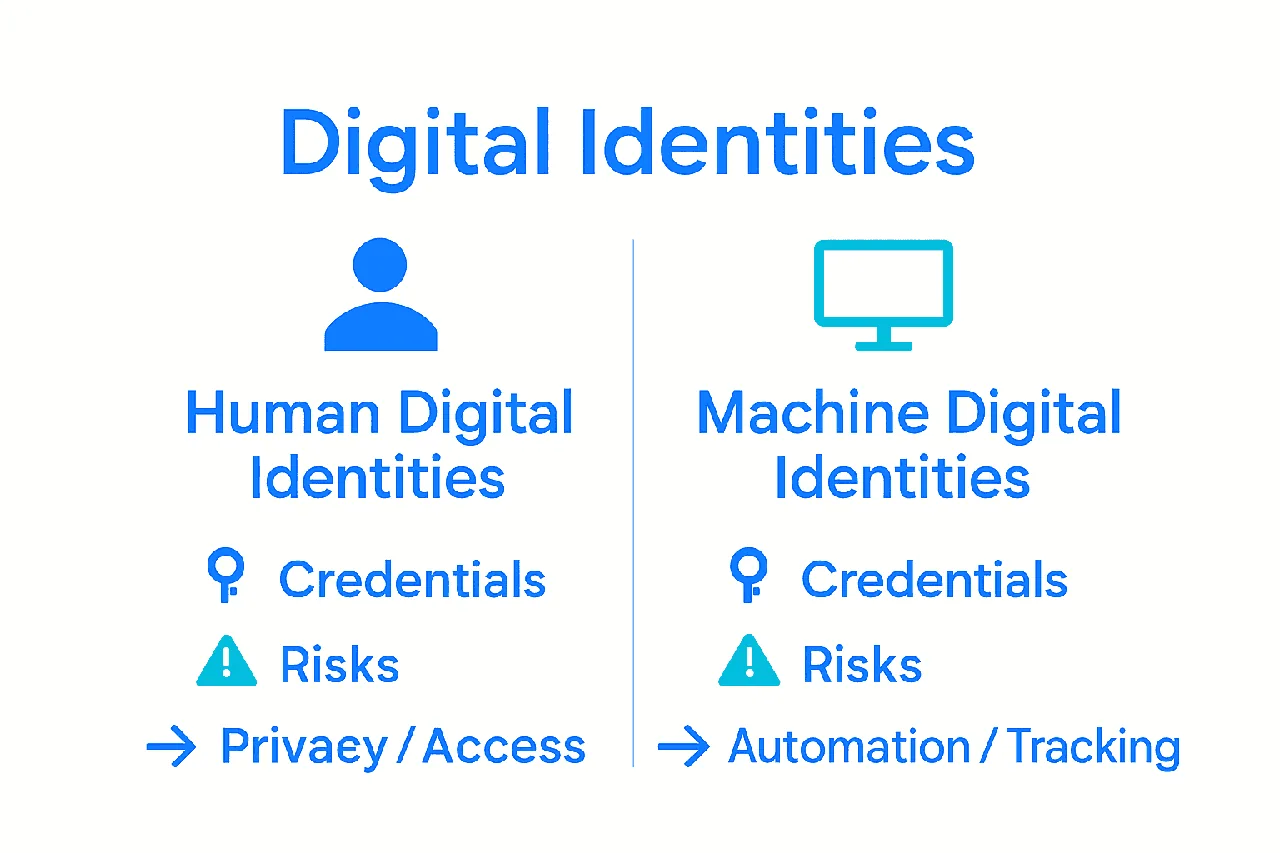 Side-by-side infographic comparing human versus machine digital identities