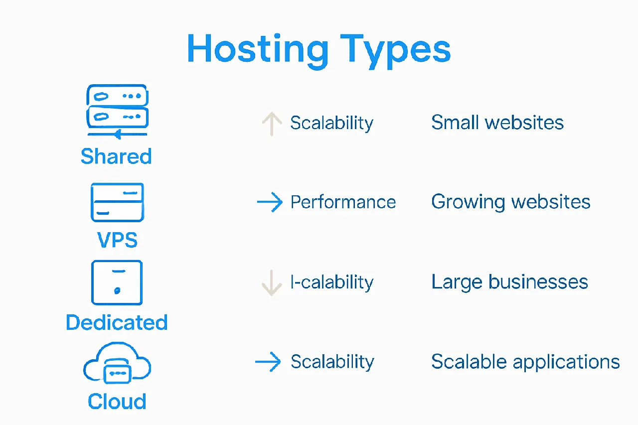 Infographic comparing shared, VPS, dedicated, and cloud hosting types
