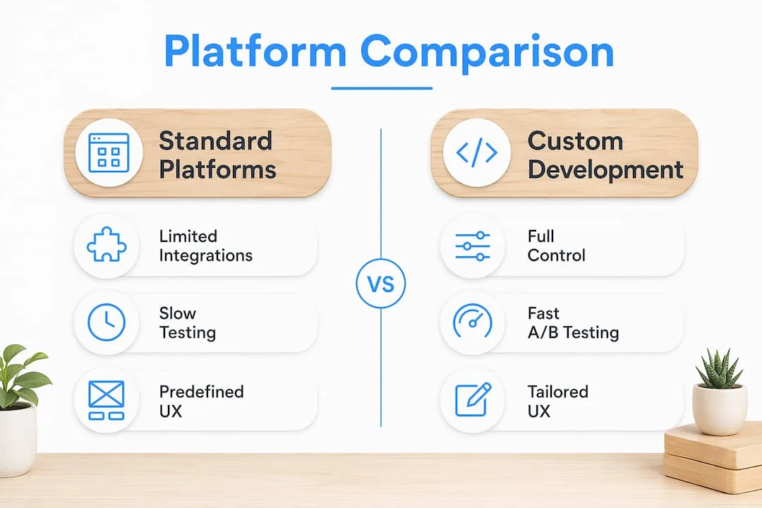 Infographic comparing standard platforms and custom development