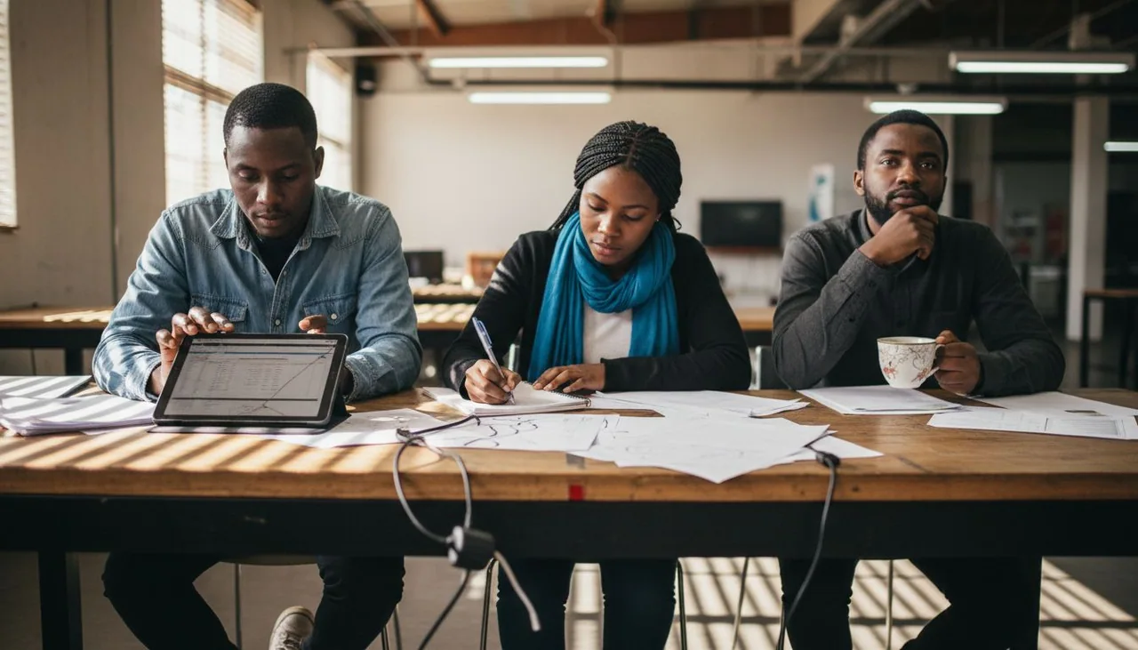 Tech entrepreneurs collaborating in shared workspace