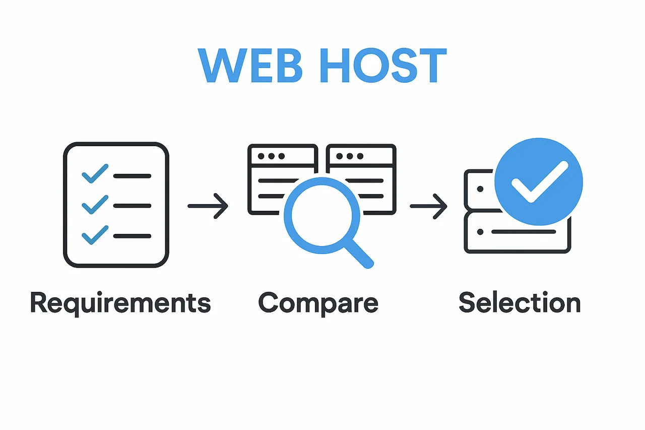 Three steps to select web hosting provider visualized with icons