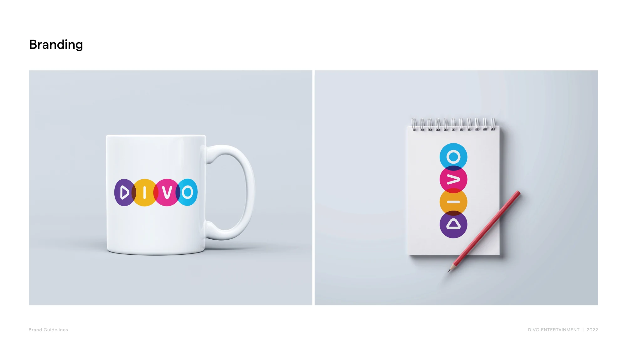Divo identity application mockups on a mug and notebook from the original brand guidelines