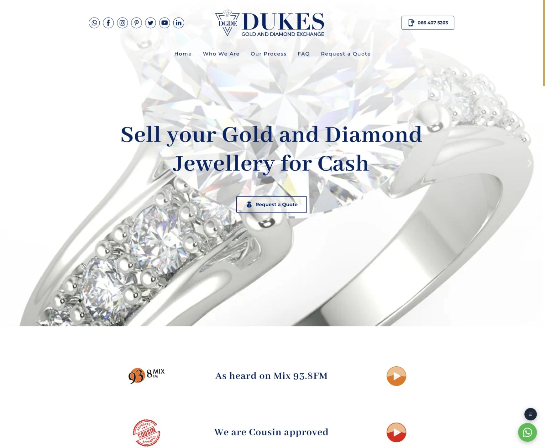 Dukes Gold and Diamond Exchange homepage with jewellery photography and a route to request an appointment