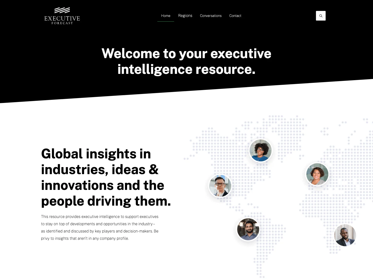 Executive Forecast’s original Webflow homepage introducing its executive intelligence publication, with the original identity and illustrated world map