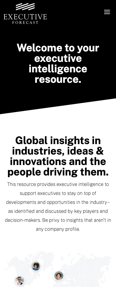 The original Executive Forecast website on a mobile screen, with the publication’s introduction and world-map illustration