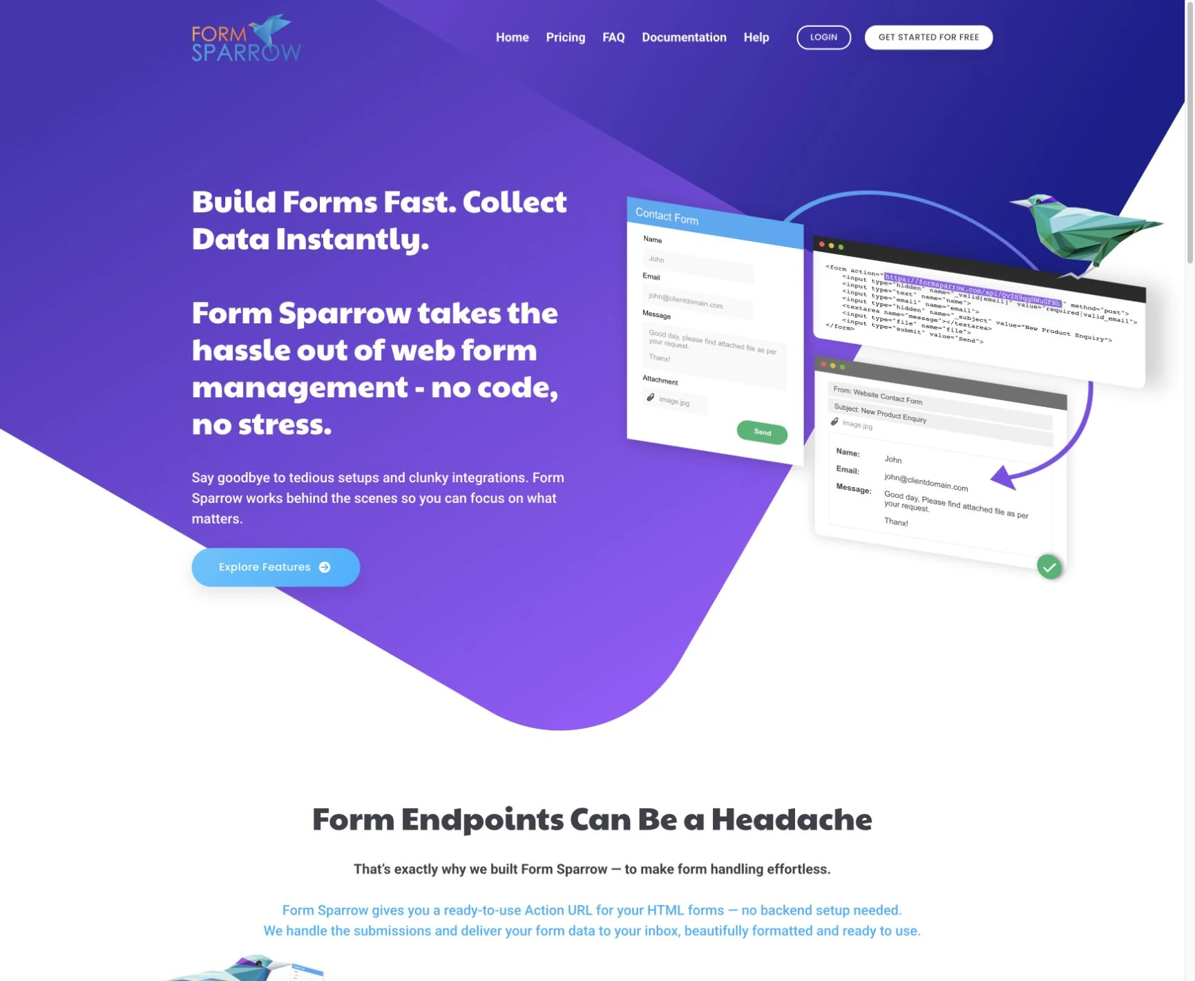 FormSparrow public product website introducing its form submission and email delivery service