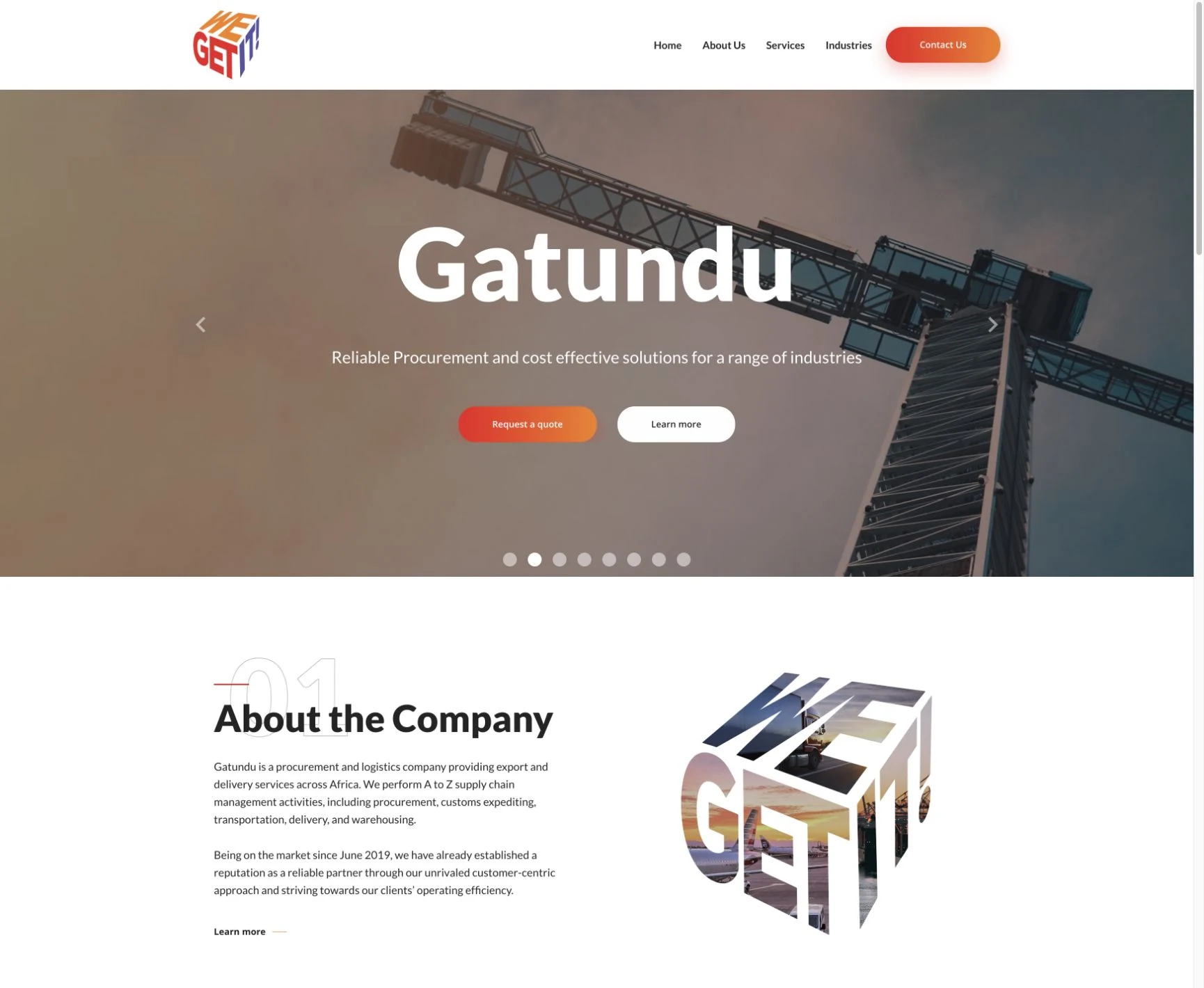 Gatundu Trading homepage introducing procurement and logistics services with industrial imagery