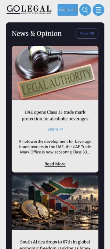 GoLegal’s mobile homepage with its navigation and legal news cards