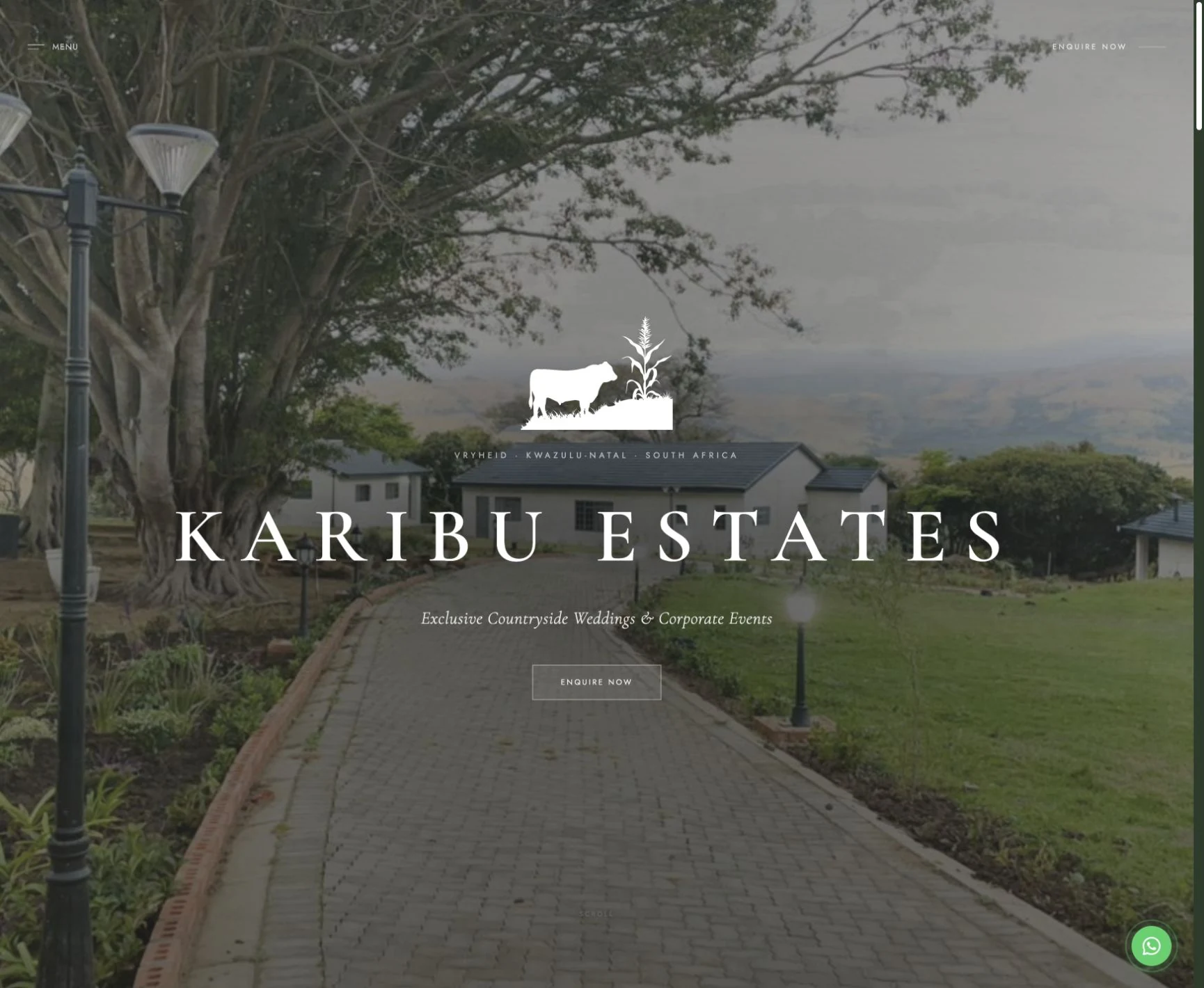 Karibu Estates homepage with estate photography, elegant typography and an enquiry invitation for weddings and corporate events