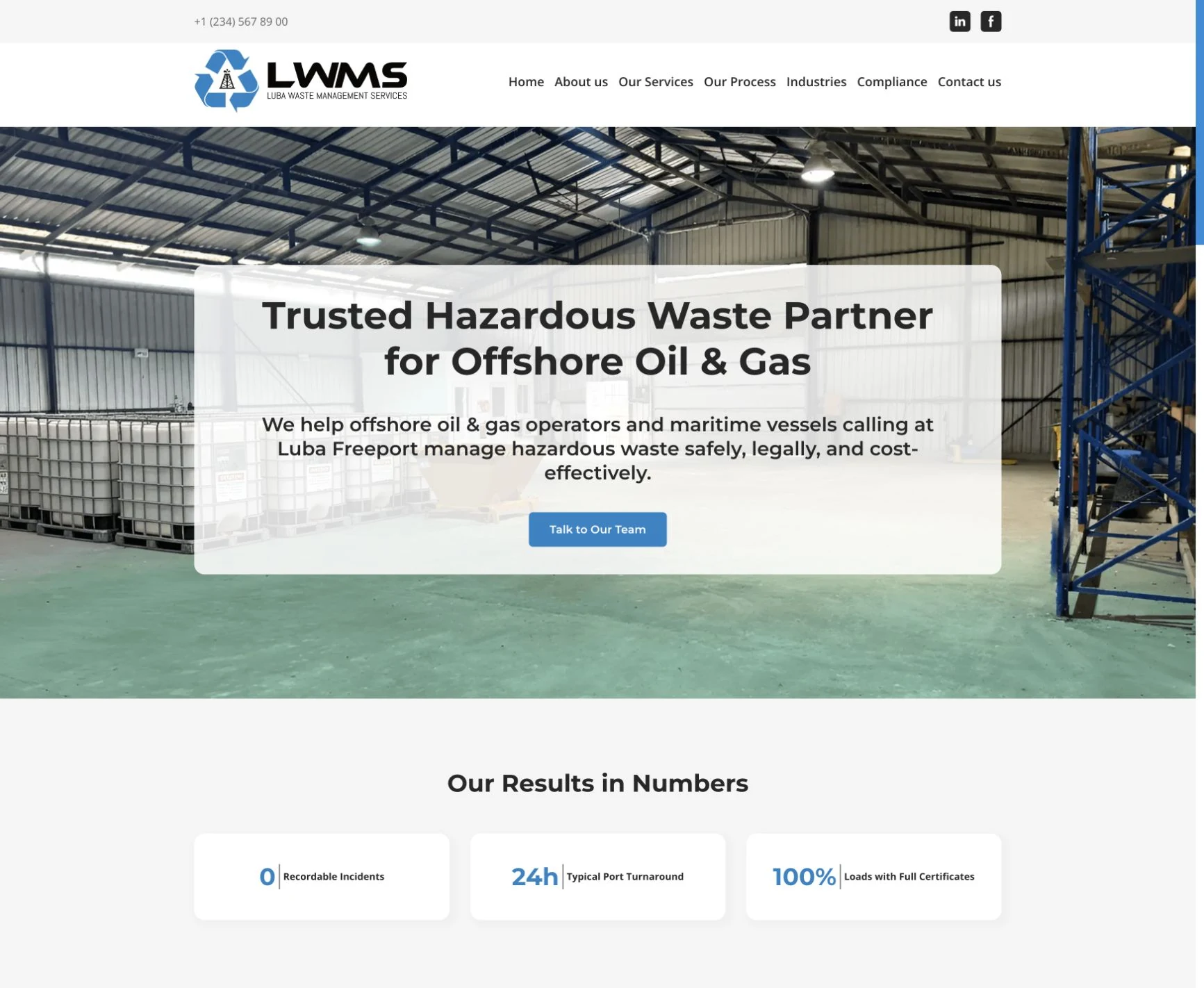Luba Waste Management Services homepage introducing its hazardous waste services for offshore oil and gas operators