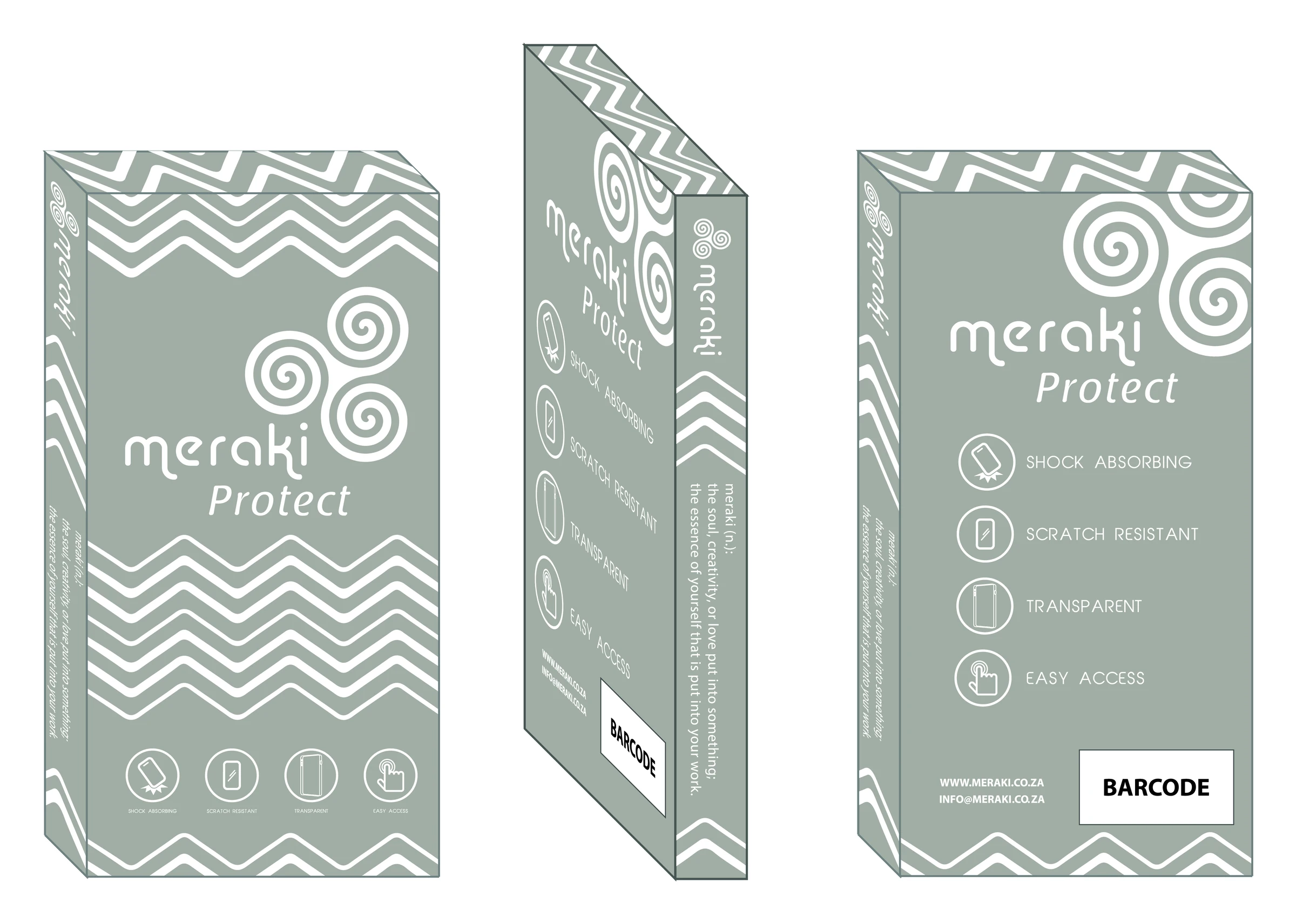 Original Meraki Protect packaging concept showing front, side and reverse panels