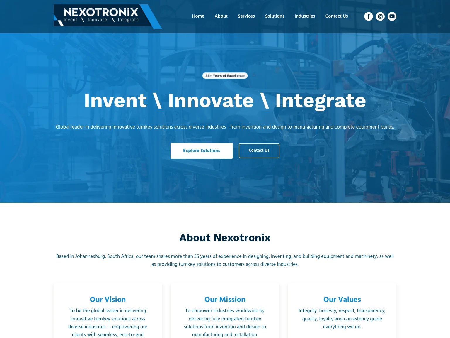 Nexotronix’s current website introducing its engineering and automation services, with solution and contact links