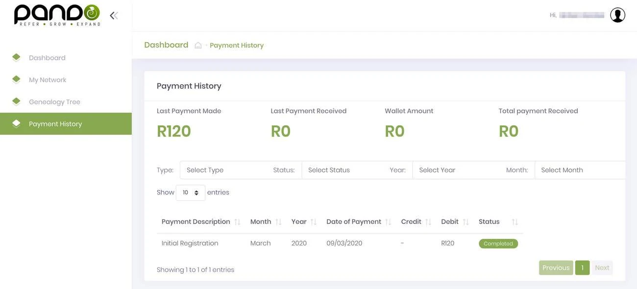 Original Pando member dashboard showing payment-history records and account navigation