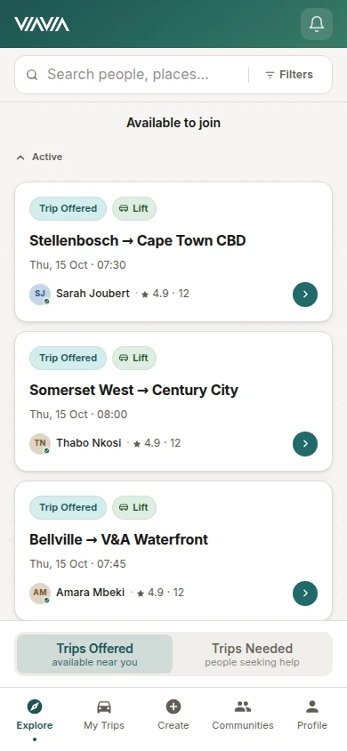 Browse trip offers — actual ViaVia interface with demo data